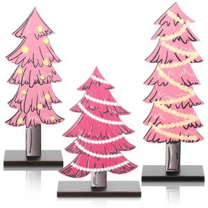 lot 14199 image: Meooeck 3 Pcs Pink Wood Christmas Trees Tabletop Rustic Christmas Decor Farmhouse Centerpieces Decorations for Tables with Rectangular Base for Home