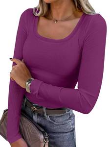 lot 14223 image: ANRABESS Womens Long Sleeve Shirts Scoop Neck Ribbed Knit Slim Fitted Tops Casual Basic Tee 2025 Fall Fashion Outfits Clothes Purple Small