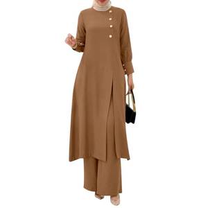 lot 14238 image: IDOPIP Abaya Dress for Women Muslim Set Long Sleeve Chiffon Ramadan Islamic Prayer Dress Button Down Shirt with Pants 2PCS Middle East Dubai Outfits Modest Arabic Casual Clothes Khaki - Split 3XL