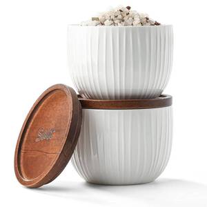 lot 15646 image: Adewnest Ceramic Salt and Pepper Bowls 10 oz Stackable Spice Cellar with Wooden Lid - Stacked Seasoning Storage Containers for Kitchen Countertop - White, Set of 2