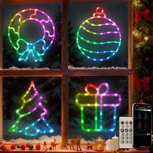 lot 15648 image: Urvoix Smart Christmas Window Lights, Christmas Window Silhouette Lights, 4 Pack Colour Lighted Wreath, Xmas Tree, Gift Box, Ball with Remote APP Control for Holiday Wall Door Window Decorations