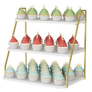 lot 15666 image: VyGrow Cupcake Stand, 3-Tier Dessert Stand for 55 Cupcakes, Wood & Metal Tower Display Premium Holder Dessert Tree Tower for Christmas Birthday Weddings Party Decor, Serving Tray (White & Gold)