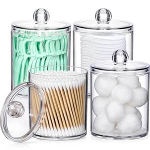 lot 16091 image: 4 Pack Acrylic Qtip Holder Dispenser for Cotton Swabs, Balls, Pads, Floss Picks- Small Clear Plastic Canister Apothecary Jar Set, Bathroom Essentials Accessories Decor, Vanity Makeup Storage Organizer