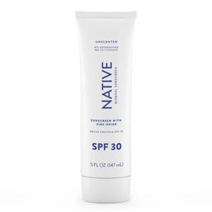 lot 16126 image: Native Sunscreen SPF 30, Zinc Oxide Dermatologist Tested Suitable for Sensitive Skin & Hawaii Compliant, 5 Ounces  Unscented Sun Protection Lotion, Lightweight & Smooth