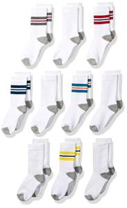 lot 16132 image: Amazon Essentials Boys Cotton Cushioned Crew Sports Socks, 10 Pairs, White Stripe, Small