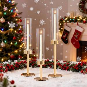 lot 3149 image: Rose Gold Taper Candle Holder Set, 3pcs Glass Hurricane Tall Candlestick Holders, Vintage Candelabra, Premium Gift Set for Home Decor Aesthetic, Birthday Parties, Weddings & Christmas Decorations