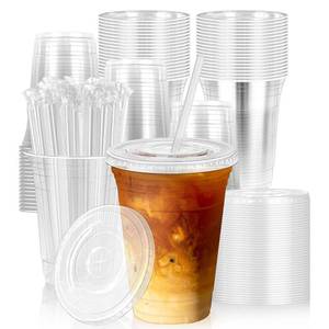 lot 3153 image: 100 Pack 16 oz Disposable Plastic Cups with Lids & Straws, Disposable Iced Coffee Cups, Clear Cold Drink Cups for Party, Events, Smoothies, Milkshake, Iced Coffee, and TO-GO Drinkings Leak-Proof