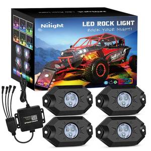 lot 3160 image: Nilight RGB LED Rock Lights Kit, 4 pods Underglow Multicolor Neon Light Pod with Bluetooth App Control Flashing Music Mode Wheel Well Light for Truck ATV UTV RZR SUV