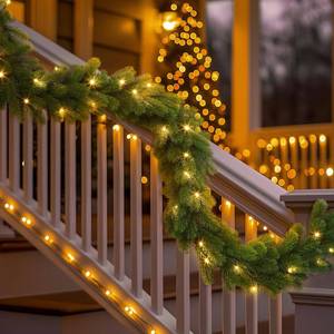 lot 3193 image: 9ft Pre-Lit Christmas Garland, Artificial Lighted Norfolk Pine Garland with Multi-Color Lights, Battery Operated Garland for Mantle Stairs Table Fireplace Xmas Decorations