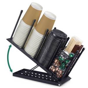 lot 3220 image: Cup and Lid Holder, Adjustable Coffee Cup Holder Organizer, 4 Compartment Disposable Cup Dispenser with Mesh Baske for Coffee Bar Accessories, Disposable Paper Cups, Plastic Cups, Lids