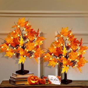 lot 3222 image: CKE 2 Pcs 24 Inch Artificial Fall Tree Lighted Maple Tree Battery USB Operated wTimer, 24 LED Thanksgiving Decorations Table Lights Tree for Autumn Wedding Party Gift Indoor Outdoor Harvest Home Deco