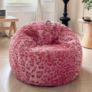 lot 3234 image: XeGe Faux Fur Leopard Print Bean Bag Chair Cover (No Filler), Pink Cheetah Print Fluffy Stuffed Animal Storage Bean Bag Home Decor, Furry Fuzzy Beanbag Cover for Adults Kids Girls, Anti-slip, Pink