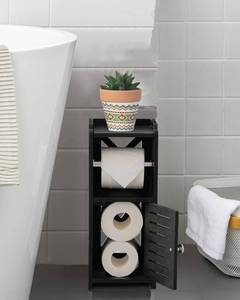 lot 3250 image: AOJEZOR Toilet Paper Holder Stand PVC Freestanding Bathroom Cabinet Storage for Apartment Dwellers - Slim Bathroom Storage - Black