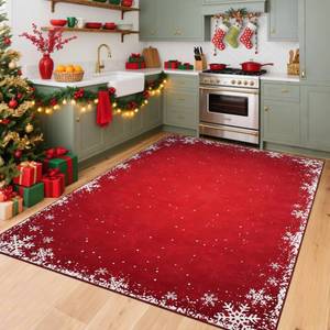 lot 3252 image: RUGSREAL Christmas Snowflake Area Rug 3x5 Red Boho Area Rug Non-Slip Indoor Floor Carpet Washable Xmas Decorative Throw Rug Small Merry Christmas Rug for Bedroom Living Room Kitchen Nursery, Red
