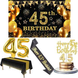 lot 4009 image: 45th Birthday Decorations Men Women with 45th Birthday Banner, Black and Gold Table Cloth, Number Balloons, Large Sash, Cake Topper and Candles