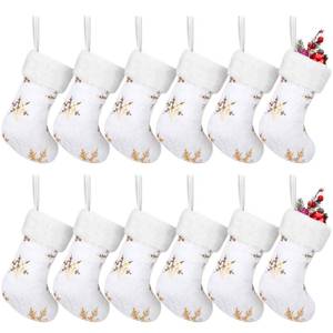 lot 4044 image: Glimin 12 Pcs 9 Inch Mini Christmas Stockings Bulk Faux Fur Small Plush Christmas Stockings with Glitter Snowflake for Family Xmas Holiday Party Hanging Decoration Decor Gift(White, Gold)