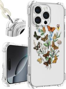 lot 4445 image: Toycamp for iPhone 16 Pro Max Case with Strap for Women - Cute Funny Girls Girly Fashion Butterfly Flower Design Case with Wrist Lanyards Four Corners Flexible Hang Style