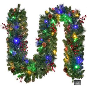 lot 5780 image: Christmas Garland with Lights 9FT, Lighted Christmas Garland Battery Powered 8 Lighting Modes, 50 LED Lights Garland, Red Berry, Christmas Pine Cone, for Stairs, Front Door, Christmas Decor
