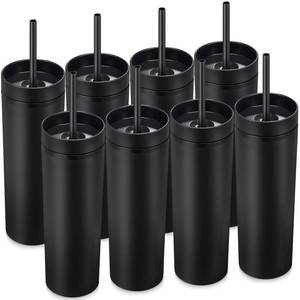 lot 5799 image: Mimorou 8 Pack Skinny Tumbler with Lids and Straws 16 oz Matte Colored Acrylic Tumblers Double Wall Plastic Tumbler Cups Skinny Travel Cup Reusable Cup for Parties Home Office (Black)