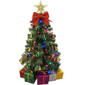 lot 5803 image: Small Christmas Tree with Lights - 23 Inch Mini Tabletop Christmas Tree with Multi-Color LED Lights, Hanging Ornaments, Decorative Bow and Gift Boxes - Prelit Table Tree for DIY Christmas Decoration