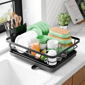 lot 5809 image: Kitsure Dish Drying Rack - Compact Dish Rack with Utensil Holder & Adjustable Water Outlet, Rust-Proof & Scratch-Resistant Drying Rack for Kitchen, 14.5 x 12.0 x 4.0, Black