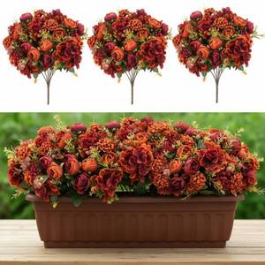 lot 5820 image: XunYee 12 Bundles Artificial Flowers Bulk Burnt Terracotta Flowers Fake Silk Roses Bouquets Realistic Florals Arrangements Decor for Christmas Outdoor Wedding Table Centerpieces (Orange)