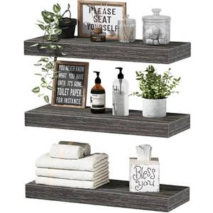 lot 5826 image: QEEIG Floating Shelves for Wall Bathroom Shelf Bedroom Kitchen Living Room Hanging Book Shelves Small Farmhouse Decor 16 inch Set of 3, Grey (015-GY3)
