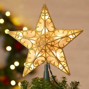lot 5848 image: Christmas Star Tree Topper, 9.5 in Plug in Golden Glittered 3D Star Tree Topper, Metal Hollow Designed Built-in 10 Bulbs String Lights for Indoor Office Christmas New Year Holiday Tree Decoration