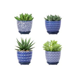 lot 5850 image: Selamica Ceramic Succulent Pots with Drainage Holes, Small Flower Pots 3.5 Inch Plant Pots for Indoor Plants with Saucers, Cactus Succulent, Home Decor, Set of 4, Vintage Blue