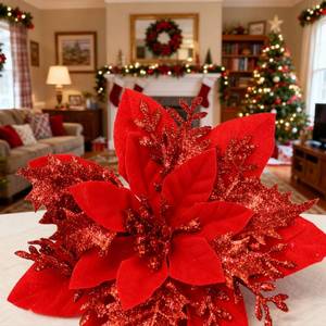 lot 6022 image: Drewev 12 PCS Poinsettia Flower Artificial Red Christmas Flowers Artificial 5.5 Glitter Poinsettias Artificial Christmas Tree Flower with Clips DIY Xmas Wreath Holiday New Year Home Party Decor