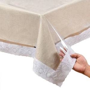 lot 6030 image: Transparent Vinyl Tablecloth with White lace Edges, Waterproof and dustproof, Suitable for Rectangular Dining Tables in Kitchens (Transparent White lace, 54x72in)