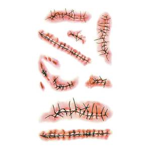lot 6035 image: 25 Sheets Halloween Zombie Stitches Temporary Tattoos, Fake Chucky Scars Bloody Wound Vampire Tattoos Realistic Stickers for Chucky Costume Cosplay Horror Makeup Pranks Party Kids Men Women