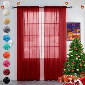 lot 6051 image: youleyar Solid Sheer Rod Pocket Curtain Voile Draperies 2 Panels White Beige Black Grey Ivory 52 Inch Width 90 Inch Long 1 Pair for Kitchen Bedroom Children Living Room Yard (Christmas Red,52W��90L)