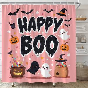 lot 6063 image: ABONAN Pink Halloween Shower Curtain Cute Ghost Pumpkin Bat Funny Party Spooky Magic Hat Horror Cartoon Kids Girls Fabric Bathroom Decor Set with Hooks(70 WX70 H)