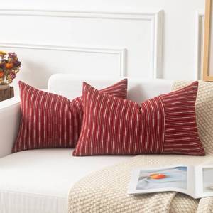 lot 6071 image: Kevin Textile Valentines Wine Red and Beige Patchwork Farmhouse Throw Pillow Covers 12 x 20 Inch, Pack of 2 Striped Linen Decorative Pillow Case for Sofa Couch Chair Bedroom Modern Decor