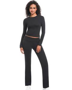 lot 6081 image: LUXURY-VITA 2 Piece Lounge Sets for Women Casual Long Sleeve Crop Top Fold Over Flare Yoga Leggings Pants Y2K Fitted Outfits Pajamas Set
