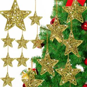 lot 6089 image: Hollowfly 24 Pcs Gold 3D Glitter Star Ornaments for Christmas Tree 3D Small Star Pendant Five Pointed Star Ornaments Hanging for Xmas Tree Home Wedding Party Pentagram Decoration