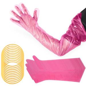lot 6099 image: Lauwell 50 Pcs Disposable Dressing Gutting Gloves 35 Inch Shoulder Length Field Dressing Gloves Veterinary Insemination Glove (Pink)