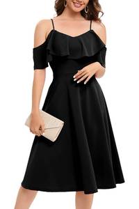 lot 6109 image: Bbonlinedress Cocktail Dresses for Women, Off The Shoulder Fall Wedding Guest Dress, Homecoming Formal Church Fit Flare Aline Midi Prom Party Dresses Black size S