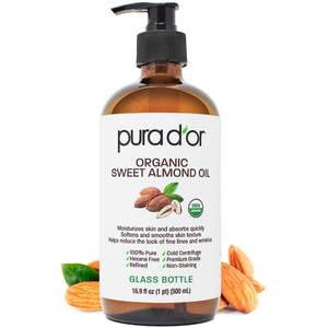 lot 6113 image: PURA DOR 16.9 Oz ORGANIC Sweet Almond Oil (GLASS BOTTLE) 100% Pure & Natural USDA Certified Cold Pressed Carrier Oil For DIY Beauty - Non-Greasy, Unscented, Hexane Free Moisturizer - For Hair & Skin