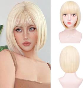 lot 6153 image: Blonde Bob Wigs for White Women - 12 Short Bob Wigs With Bangs Natural Fashion Synthetic Wig Colorful Synthetic Hair for Daily Cosplay Halloween