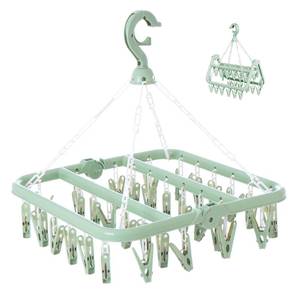 lot 6157 image: Rainfordhoma Clothes Drying Rack with 32 Clips, Foldable Hanging Rack, 360° Rotatable Hook for Drying Socks Baby Clothes Towels Gloves(Light Green)