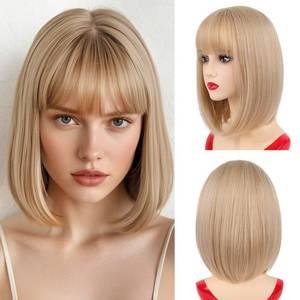 lot 6159 image: NOTICEME Blonde Bob Wig with Bangs, Short Bob Colorful Wigs Straight Costume Blonde Wig for Women Cosplay Party Daily Neon Wig 14 Inch
