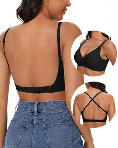 lot 6182 image: Low Back Bra Halter Bra Backless Padded Low Cut Seamless Wave Bras Scalloped V Neck Criss-Cross Multiway Bralette, Black, M