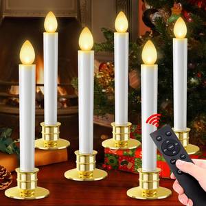 lot 6442 image: Christmas Window Candles Lights 6 Pack Battery Operated Candles with Remote Control Timer Gold Holders Flameless Candle Taper LED Candle Christmas Decorations Window Decorations Party Xmas Table Top