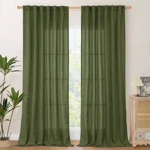 lot 6475 image: YoungsTex Olive Green Linen Curtains for Living Room 84 Inch Length, Semi Sheer Drapes with Rod Pocket Back Tab Light Filtering Window Treatments for Bedroom Farmhouse, 2 Panels, 52 X 84 Inch