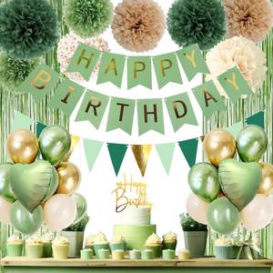 lot 6477 image: Sage Green Birthday Decorations, Birthday Party D�cor, Gold Green Balloons Olive Happy Birthday Banner Fringe Curtain Background, Neutral Decorations for Women Girls Boys Adults