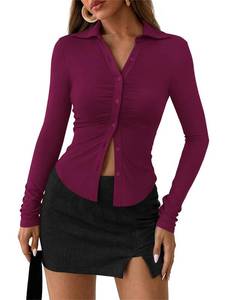 lot 6479 image: PRETTYGARDEN Womens Long Sleeve Shirt Lapel Collar V Neck Button Down Shirts for Women Dressy Casual Ladies Tops (Burgundy, Medium)