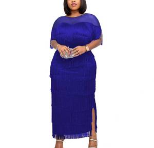 lot 6482 image: AOMEI Womens Blue Mesh See Through Crewneck Patchwork Tassel Tiered Fringe Long Dress L