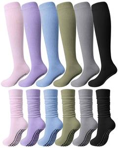 lot 6496 image: Eurzom 6 Pairs Long Pilates Socks with Grips for Women Tall Knee High Pilates Yoga Slouch Scrunch Non Slip Socks for Yoga Barre Workout Home Hospital